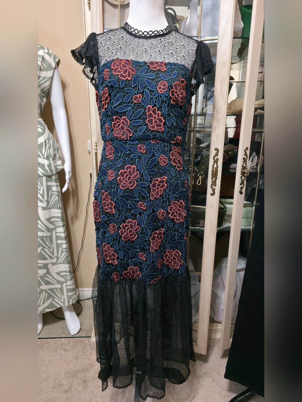 Floral Lace Overlay Strapless Evening Dress in Navy and Coral